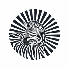 Fototapeta premium Stylized black and white vector illustration of a zebra head framed by radiating sunburst stripes on a circular background.