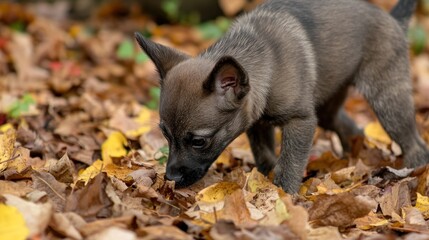 Gray puppy exploring autumn leaves outdoors