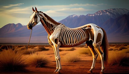 Anatomical illustration of a white horse showing skeletal structure and bones