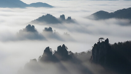 Misty mountain landscape with rugged peaks and trees, creating serene atmosphere with natural light and soft fog