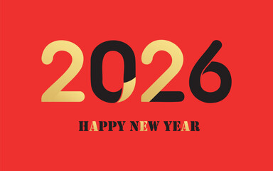 Bold 2026 Happy New Year typography with contrasting gold and black numbers on a bright red background, ideal for holiday greetings, celebration banners, event promotions, and seasonal digital designs