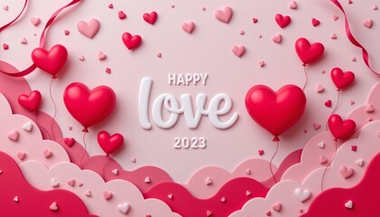 Romantic Celebration Love with Heart Balloons and Soft Pink Background