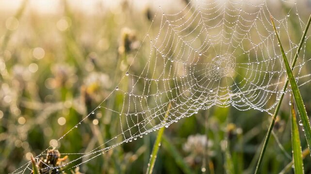 A delicate spiderweb glistens with morning dew, strung artfully amidst blades of grass. The details of the web and the morning sun's gentle light showcase the simple beauty of nature.