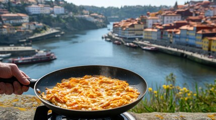 Cooking scrambled eggs with river city view a culinary delight