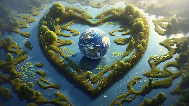 World wetlands day concept showing earth globe inside heart shaped water landscape with forests rivers and nature conservation symbolizing ecosystem balance and care - Powered by Adobe