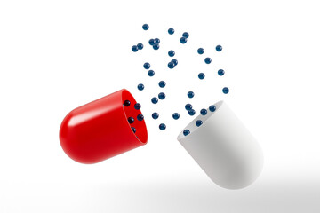 Open red and white capsule releasing glossy blue spherical particles - 3D render