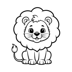 Fototapeta premium Cute Lion with Fluffy Mane Line Drawing, Coloring Page