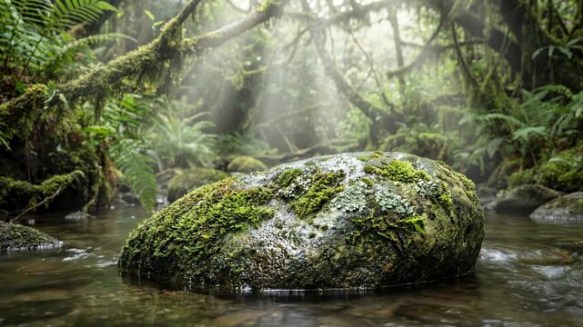 A moss-covered boulder in a tranquil stream within a sun-dappled, ancient forest, evoking a sense of serenity and timelessness.