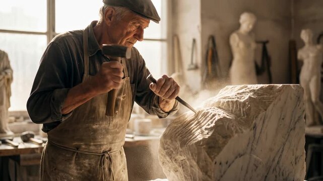 A skilled sculptor meticulously chisels away at a block of stone in a sunlit workshop, transforming the rough material into a work of art.