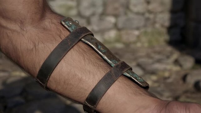 A close-up shot of a human arm is adorned with ancient leather and metal bracers. This evocative image brings history to life. 