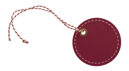 Maroon Gift Tag with White Stitching and Red White Striped Twine isolated on a transparent background