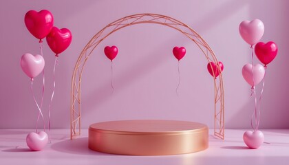 Romantic Pastel Scene with Gold Platform and Heart Balloons