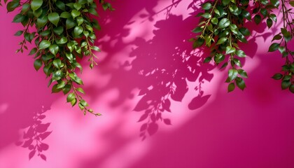 Vibrant Pink Background with Lush Green Foliage