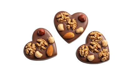 Three chocolate heart shaped treats filled with assorted nuts isolated on transparent background