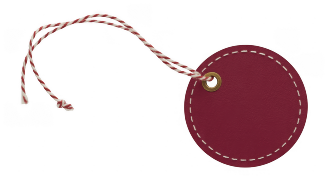 Maroon Gift Tag with White Stitching and Red White Striped Twine isolated on a transparent background - Powered by Adobe
