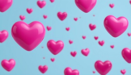 Floating Pink Hearts Against Bright Blue