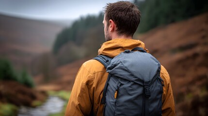 Hiker with backpack looks out at misty rainy landscape
