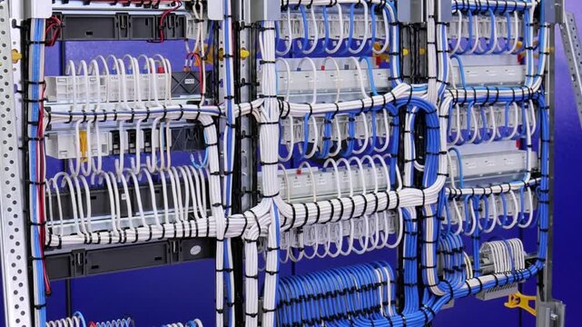 The reverse side of the electrical switchboard. The connected wires are tied with plastic ties.