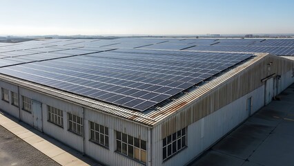 Expansive industrial rooftop covered in solar panels, showcasing renewable energy infrastructure on a large scale