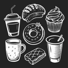 Chalkboard-style hand-drawn vector illustrations of coffee tea pastries and sweet bakery treats on a black background.