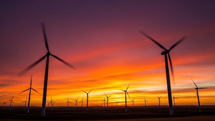 Renewable energy farm at sunset with wind turbines generating clean power against a vibrant sky
