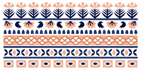 Repeating geometric pattern with birds and stylized botanical elements