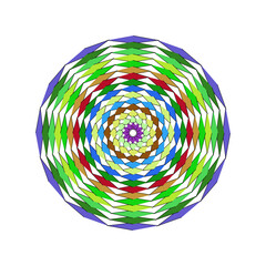 This image features a vibrant, multi-colored spiral pattern with alternating bands of blue, green, red, yellow, and brown. 