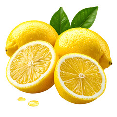 Group of bright yellow lemons with one cut open, showing juicy pulp, green leaves