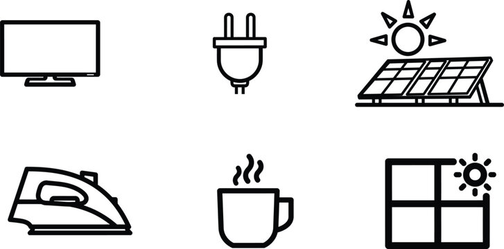 line icons of television computer iron cup solar panel and window with sun