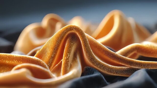 Golden pleated fabric flowing on black velvet background