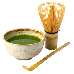 A bowl of vibrant green tea with tools, set against black backdrop