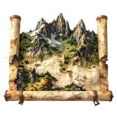 Detailed map showing mountains, forests, and valleys unfurled from a scroll