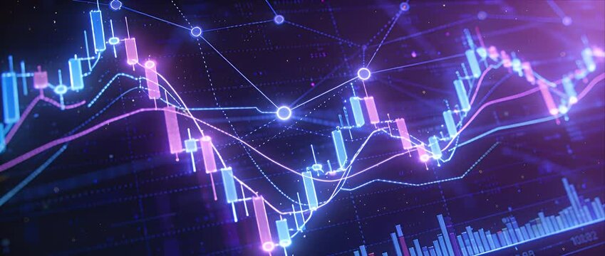 Crypto finance chart digital investment market analysis with neon glow futuristic trading data overlay line graph candlestick pattern background and technology emotion profit risk trend visualization