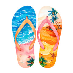 Watercolor flip-flops, one depicting ocean, other a sunset beach scene, both colorful