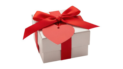 Gift box with red ribbon and heart shaped decoration isolated on transparent background