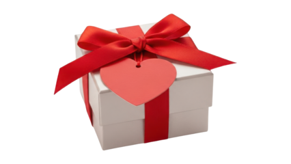 Gift box with red ribbon and heart shaped decoration isolated on transparent background
