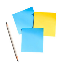 Three colored sticky notes atop a black void with a pencil beside them