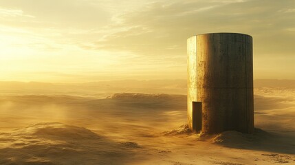 Solitary tower in golden desert sunset minimalist landscape