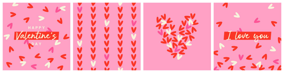 Set of simple cute modern square Valentine's Day greeting cards with heart confetti and seamless stripe pattern on pink background, hand-drawn vector illustration in flat style