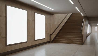 Subway Station Interior with Blank Posters and Staircase.
