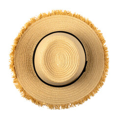 Overhead view of a circular, woven hat with a black band and fringed brim, isolated