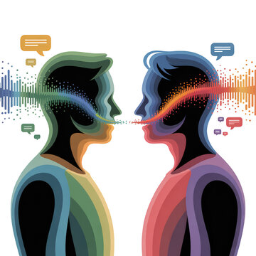 Two colorful abstract human silhouettes exchanging sound waves and speech bubbles transparent background isolated on a transparent background