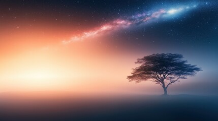 Fototapeta premium Lone Tree Silhouette Under a Cosmic Gradient Sky with Milky Way