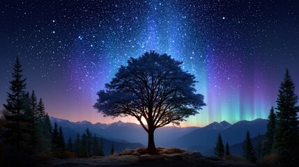Fototapeta premium Magical Night Sky with Northern Lights and Lone Tree