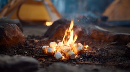 Marshmallows toasting over a warm campfire at a cozy campsite with tents in the background