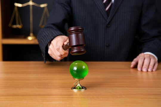 Judge striking green orb with gavel legal