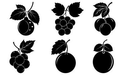 Black Silhouette of Various Fruits with Leaves on White Background grapes
