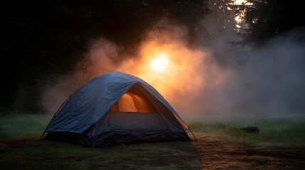 A blue camping tent glows from within as the sun sets casting warm light through atmospheric smoke in a serene forest