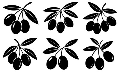 Black Olive Branches with Leaves on White Background black olives silhouette