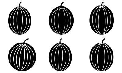 Six Black and White Striped Watermelons with Stems on White Background stripes fruit